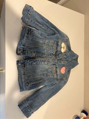 GAP Kids Denim Jacket with Rainbow & Heart Patches w/Ava name - Size XS